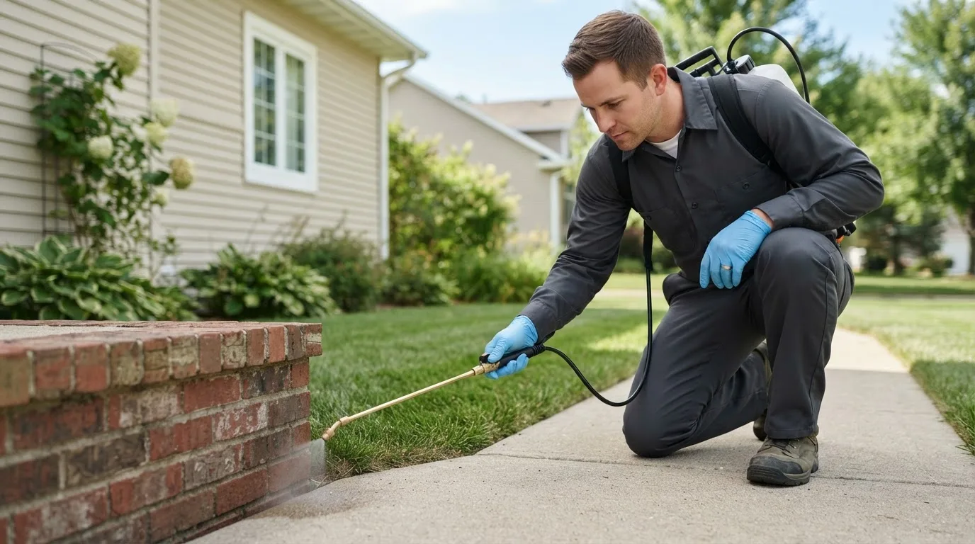 Pest control technician treating a home near Burlington, WA